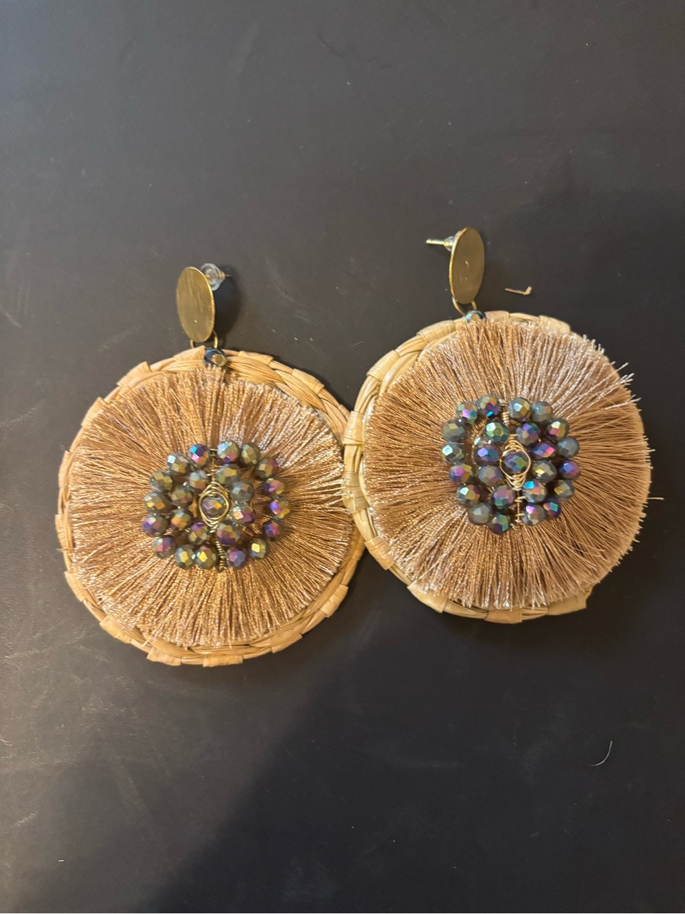 Boho Raffia Fringe Drop Earrings with Iridescent Bead Center - Tan